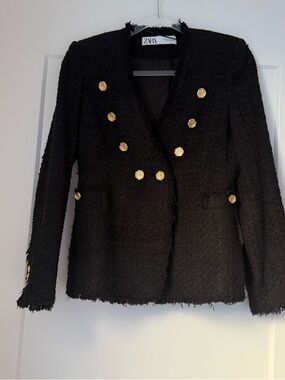 Zara Black Tweed Double-Breasted Blazer with Gold Buttons